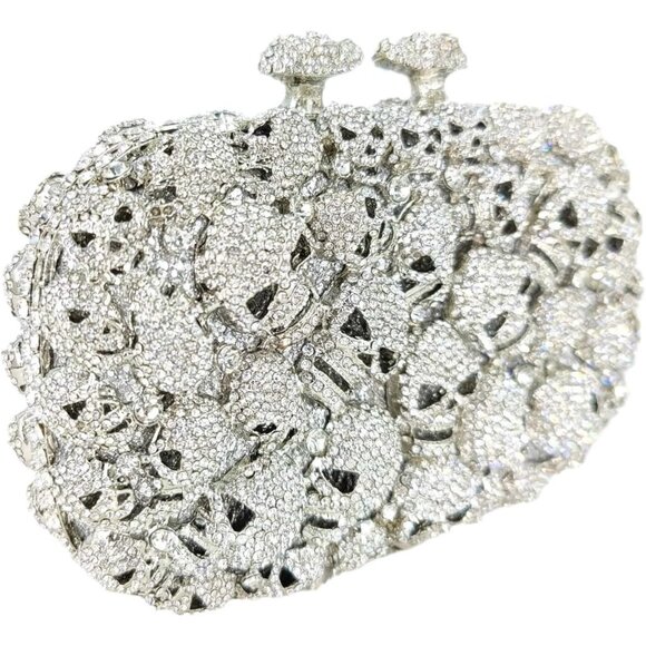 Women Sliver Boutique Skull Crystal Clutch Rhinestone Handbags Bag Mini - Picture 8 of 9